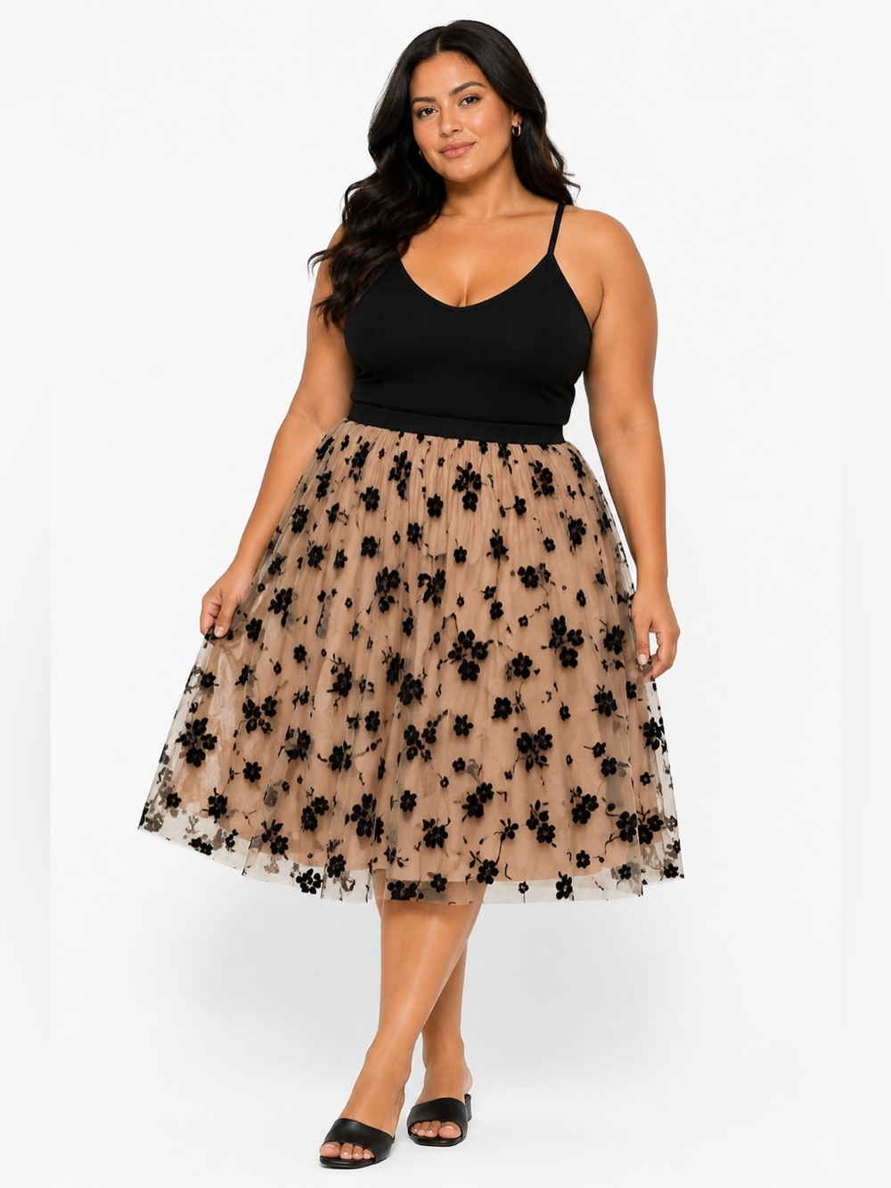 Y2K Vintage Velvet Jacquard Floral Tulle Full Midi Skirt (Tan/Black) Size L-1X